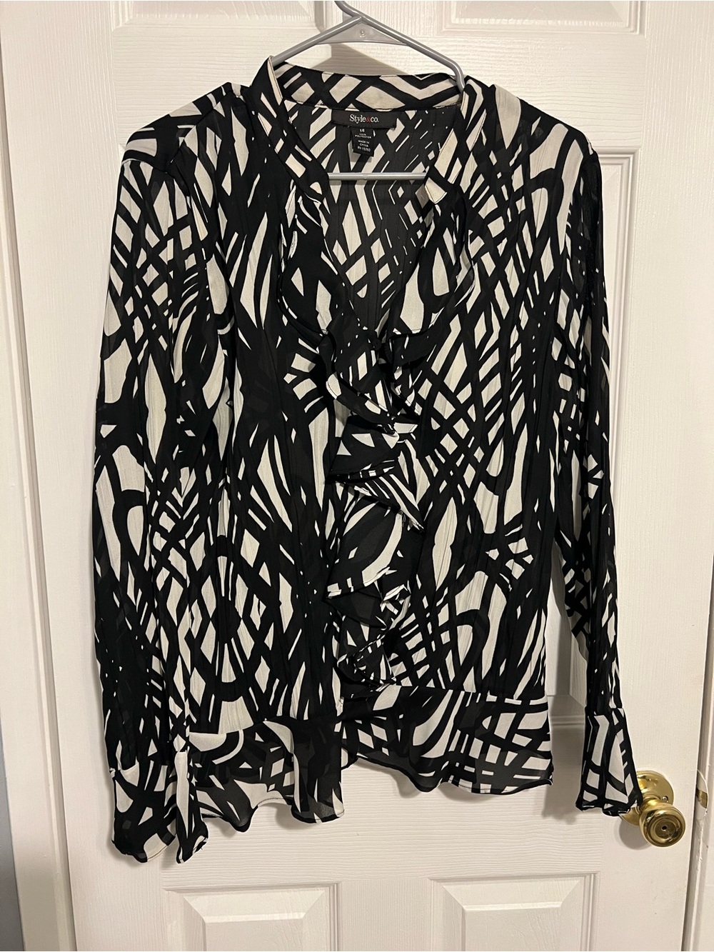 Style & Co. Black and White Abstract Ruffle Blouse